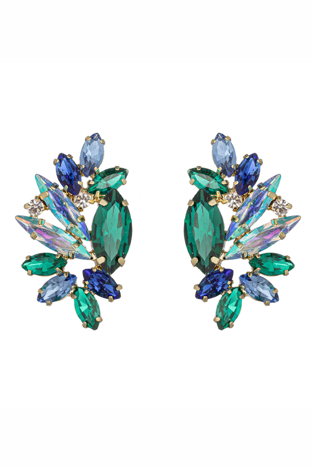 Gold tone alloy dangle statement earrings with green and blue glass crystals.