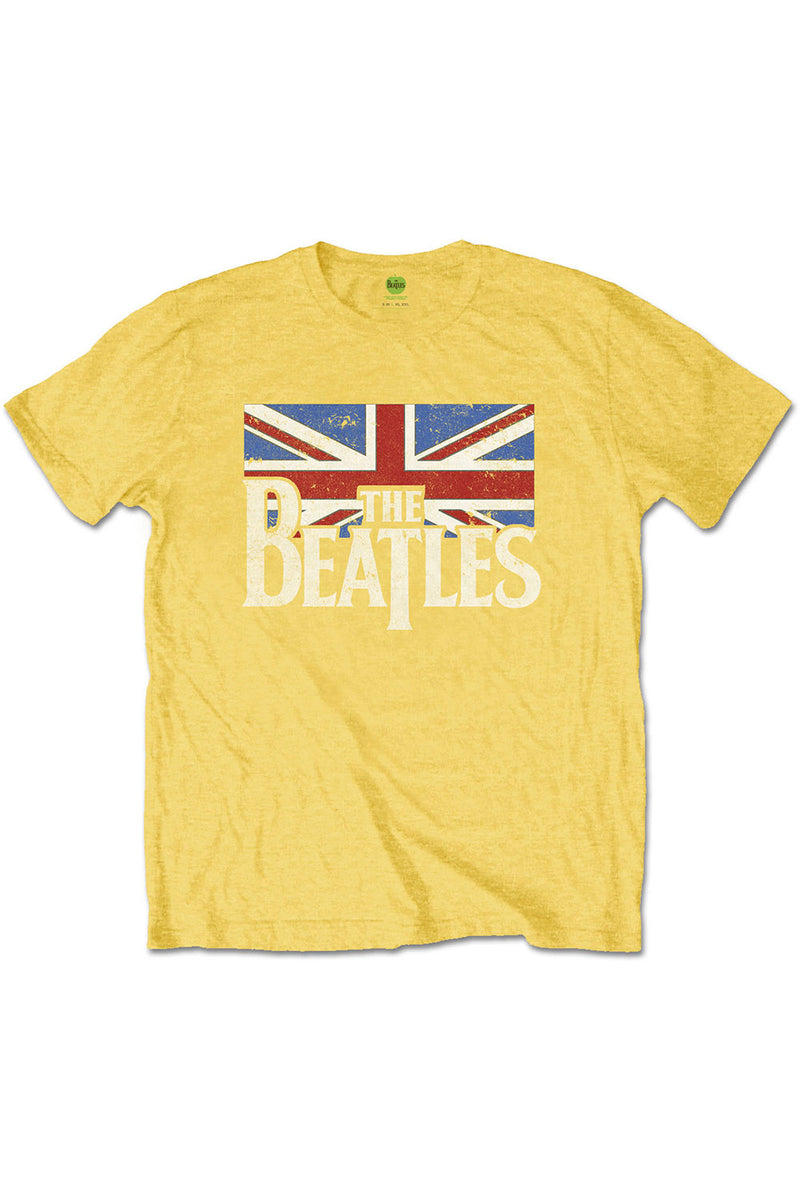 Kid's The Beatles T-Shirt - Logo & Vintage Flag - Yellow (Boys and Girls)
