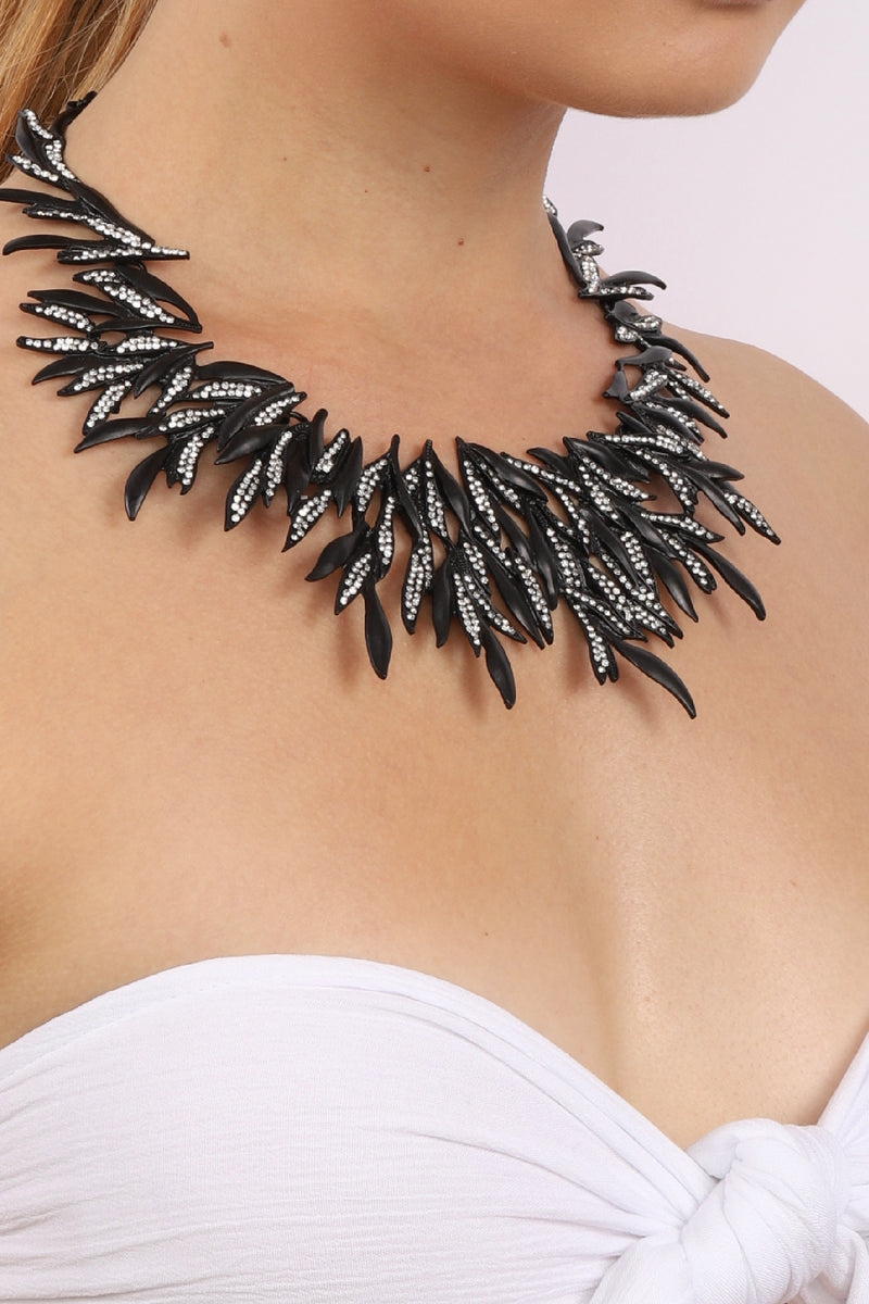 black leaf spike enamel statement necklace