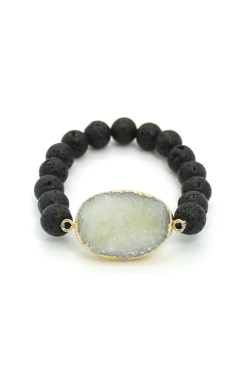 Beaded black lava stone bracelet with druzy pendant.