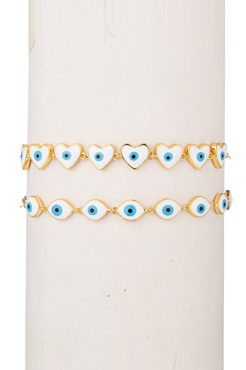 Gold tone brass bracelet set with enamel heart & eye pendants.