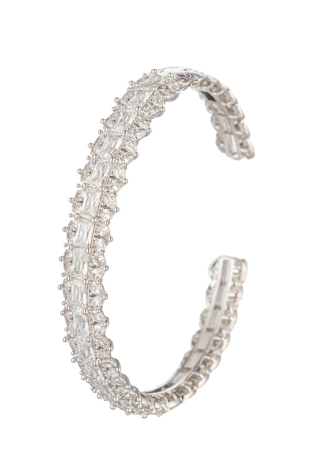 Silver tone titanium cuff bracelet studded with CZ crystals.