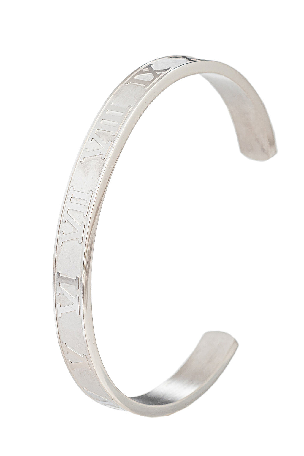 Silver tone titanium Roman numeral cuff bracelet.