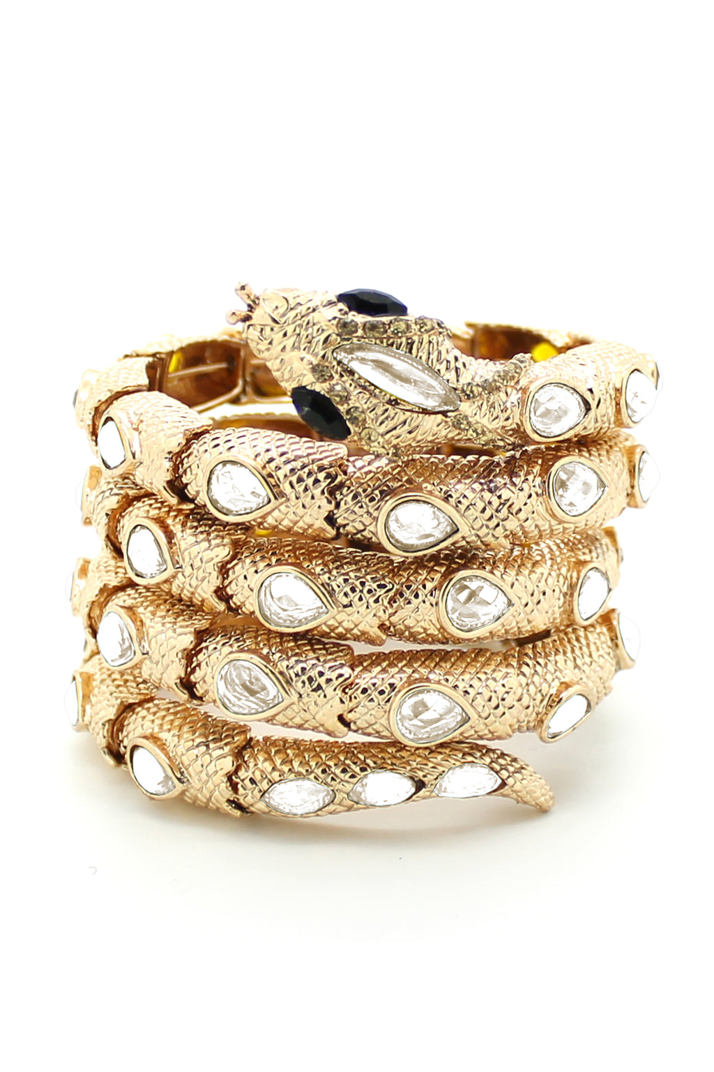 Gold alloy snake cuff bracelet with clear glass crystals.