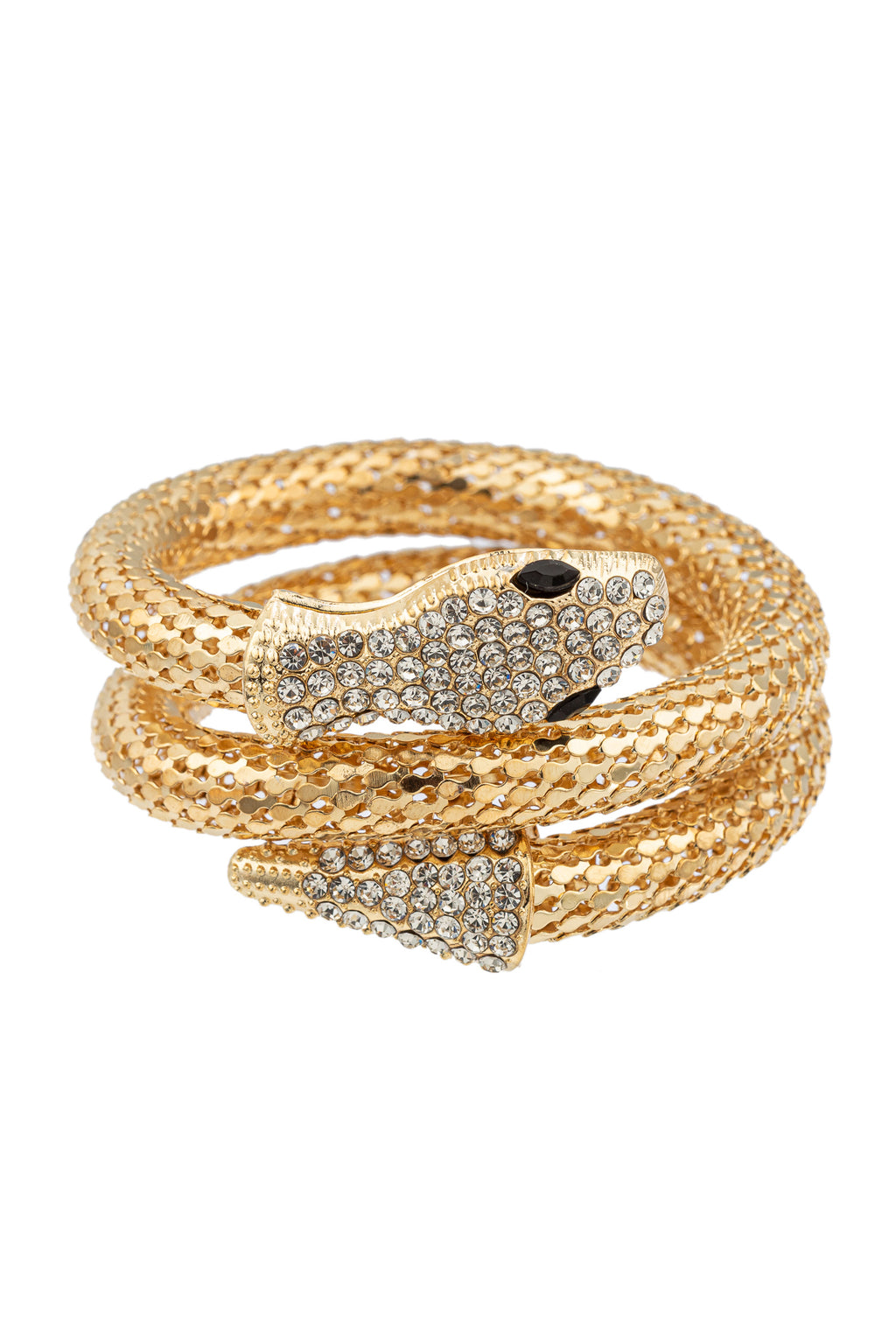 Gold tone alloy snake wrap bracelet studded with glass crystals.