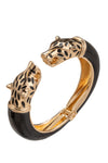 Twin leopard head cuff bracelet studded with glass crystals.