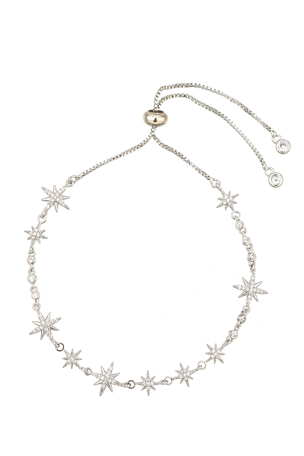 Silver tone brass star pendant bracelet studded with CZ crystals.