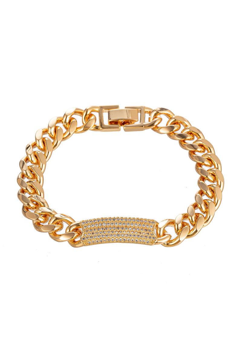 Gold tone brass name tag cuban link bracelet studded with CZ crystals.