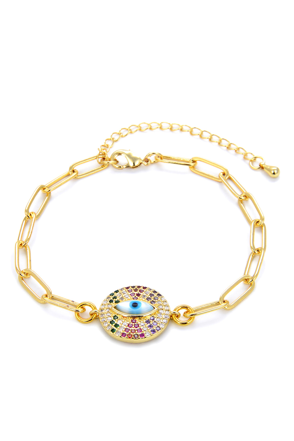 Gold chain link bracelet with shiny cubic zirconia studded circle charm with centered evil eye motif.