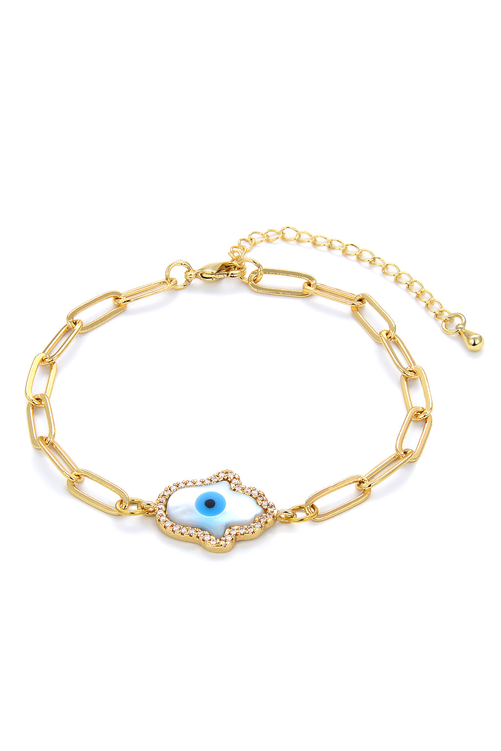 Chain charm bracelet with hamsa hand pendant and blue evil eye motif.