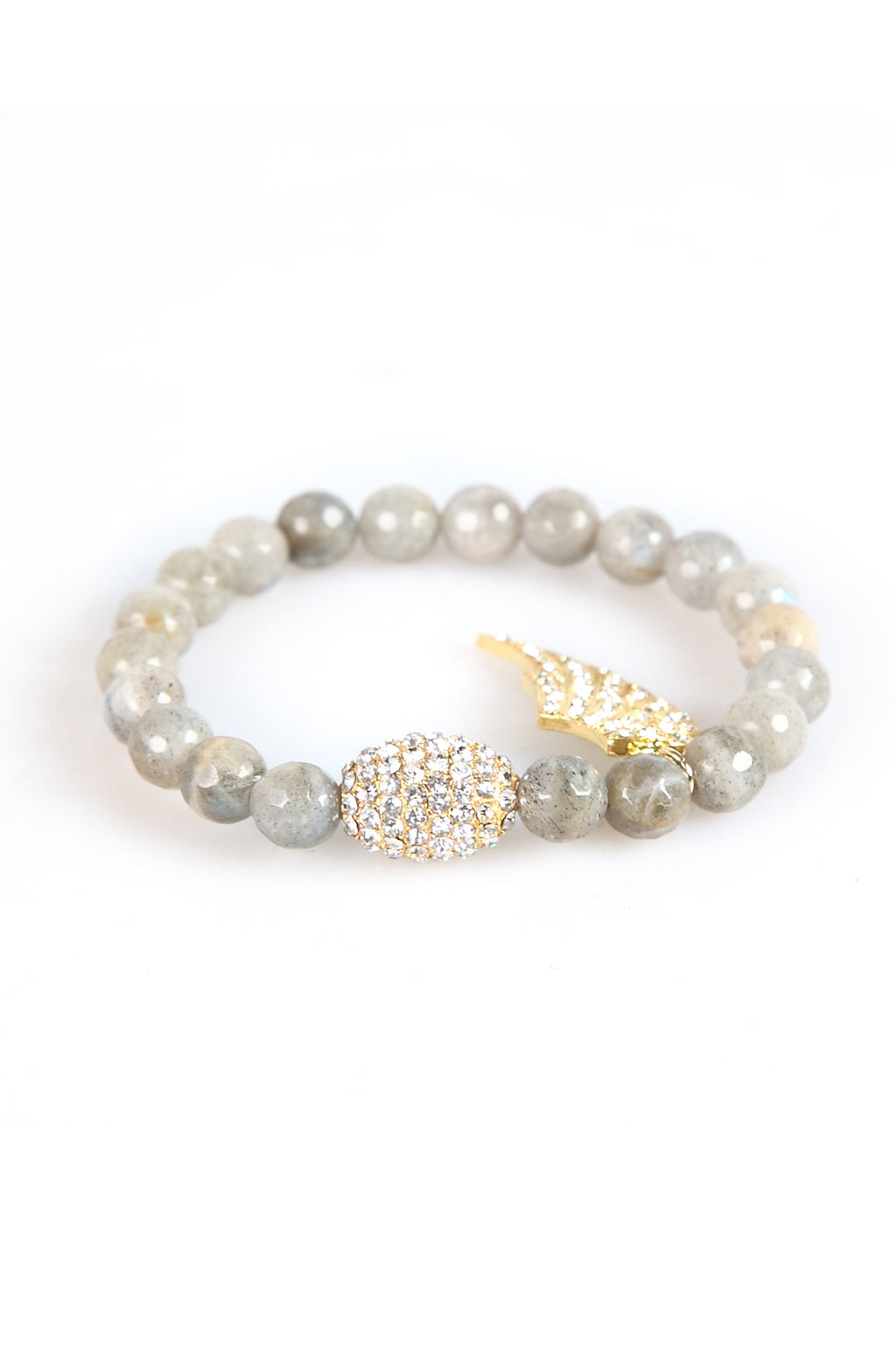 White agate angel beaded bracelet studded with CZ crystals.