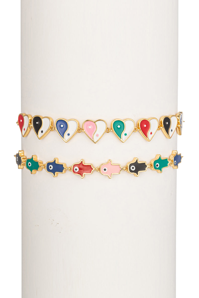 Gold tone brass heart and hamsa enamel pendant bracelet set.