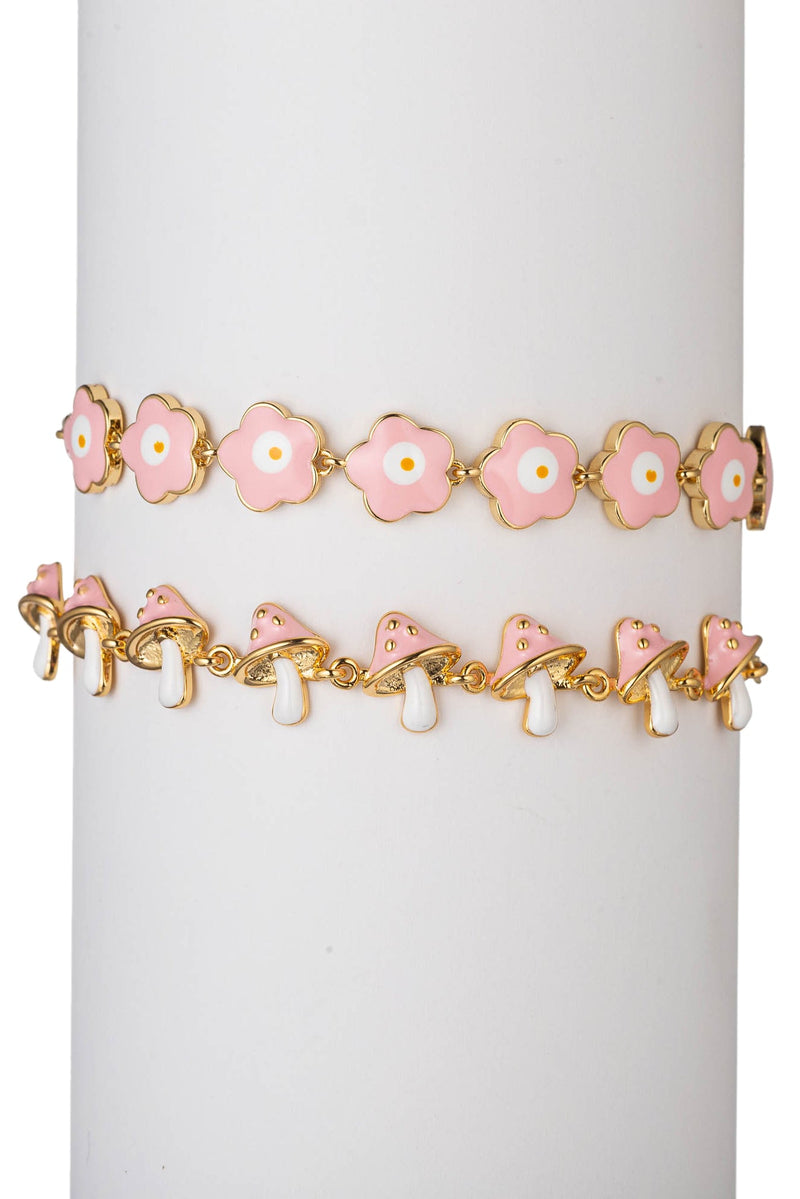 Pink Mushroom Flowers Bracelet Set