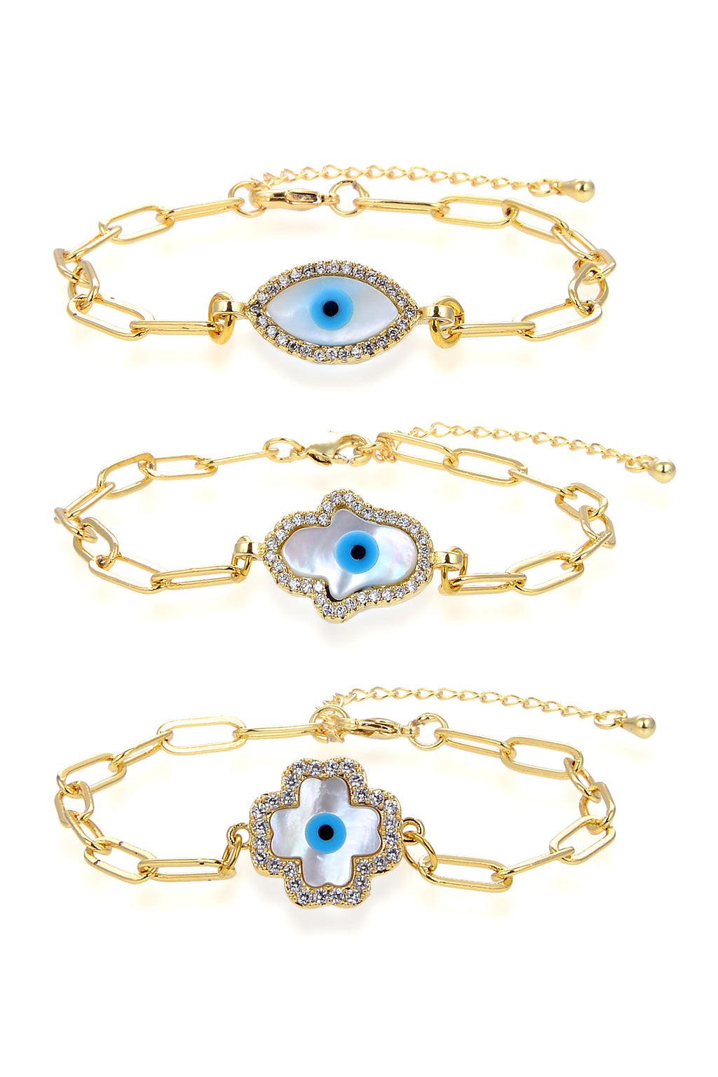 Set of 3 gold chain link bracelets. Each features evil eye motif. One housed in eye setting, one housed in hamsa hand setting and one in four leaf clover setting.