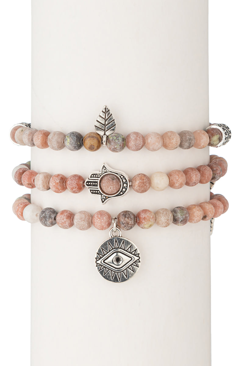 Toya Beaded Bracelet Set - Pink Agate 3 Piece Set