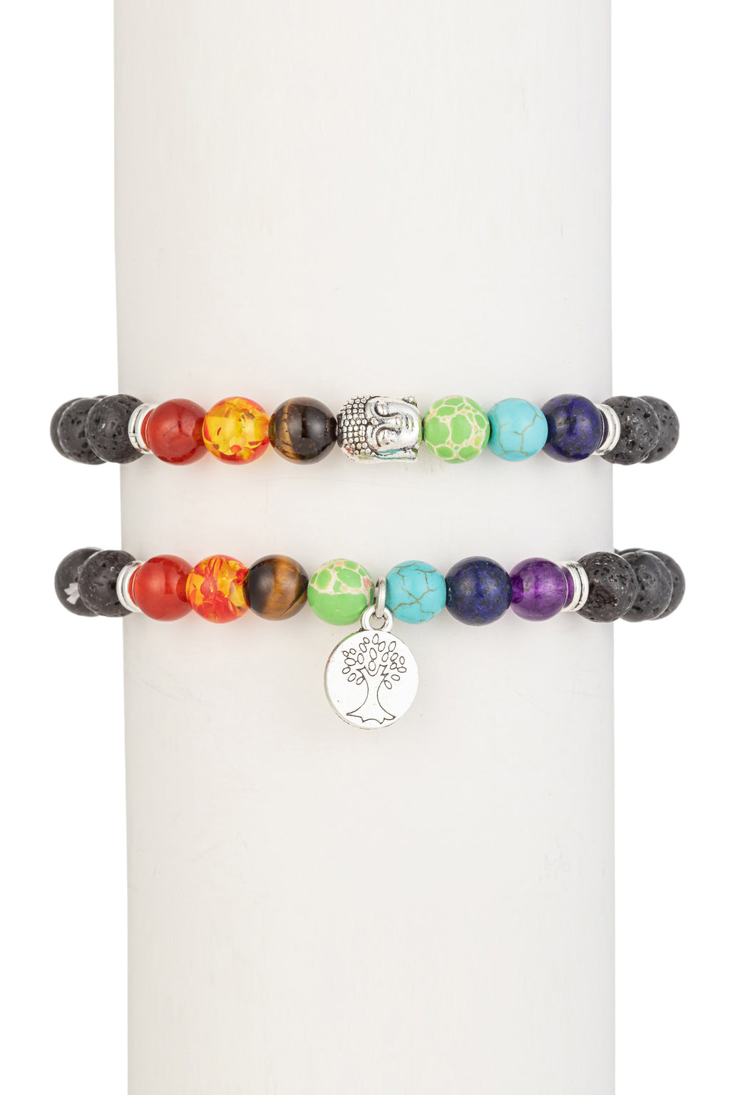 Multicolored agate stone bracelet set with a silver brass pendant.