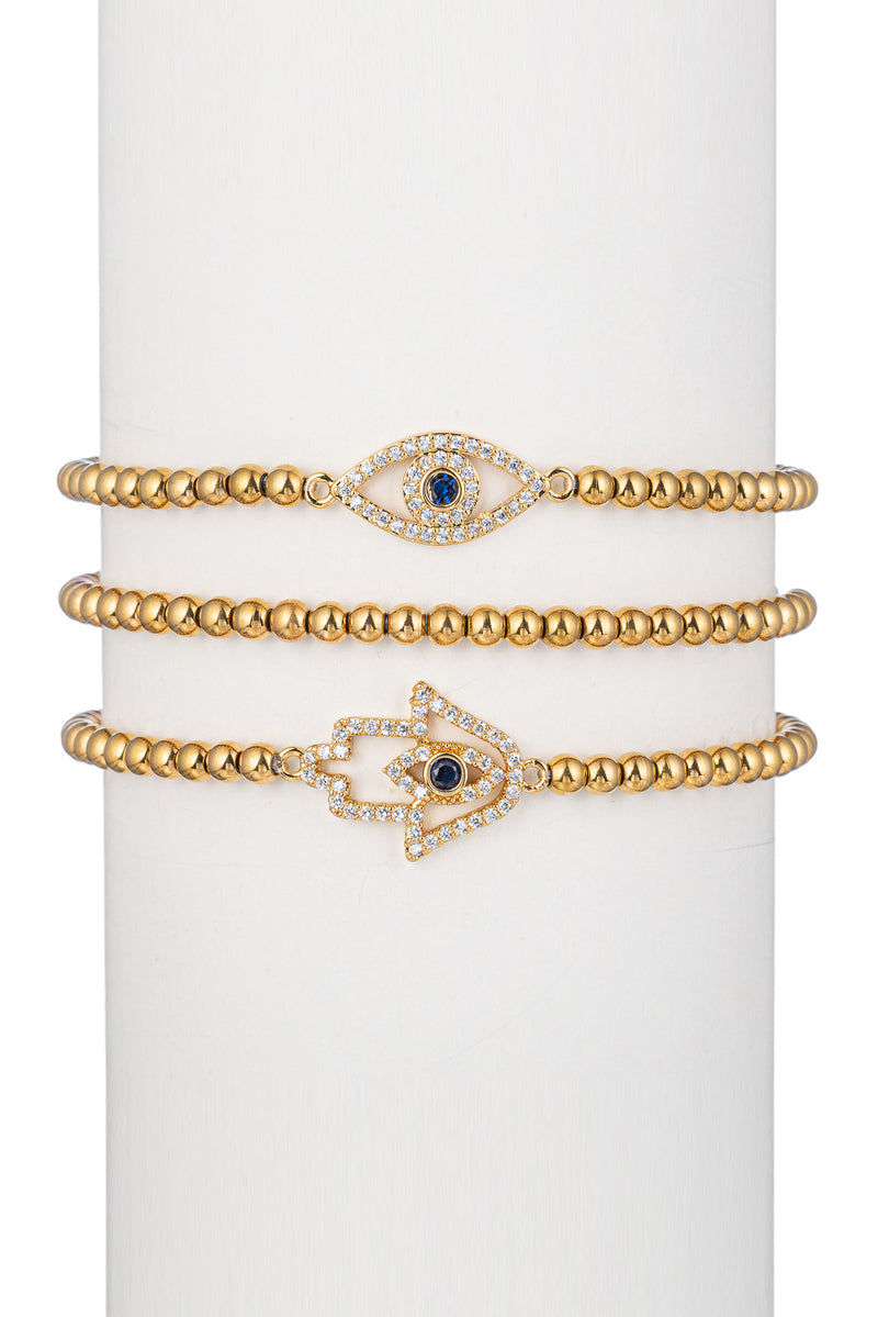Eye and hamsa hand pendant bracelets studded with CZ crystals.