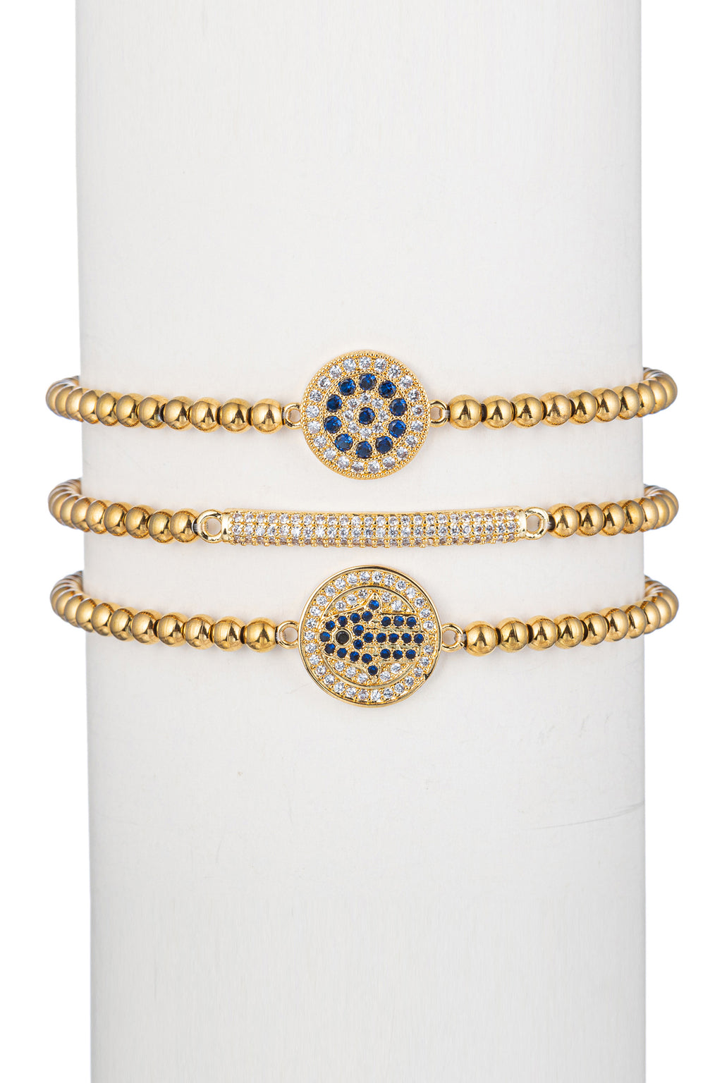 3-piece titanium beaded bracelet set studded with CZ crystals.