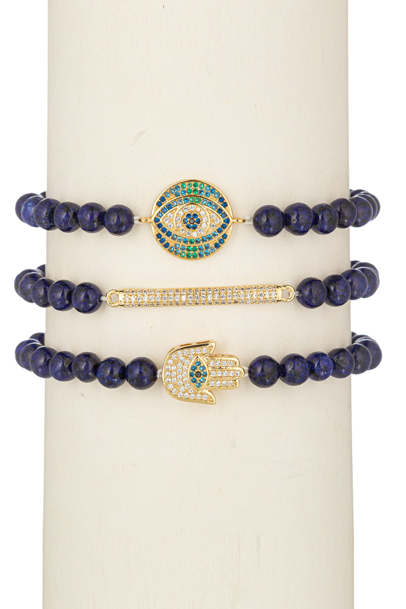 Agate beaded bracelet set with gold pendants that are studded with CZ crystals.