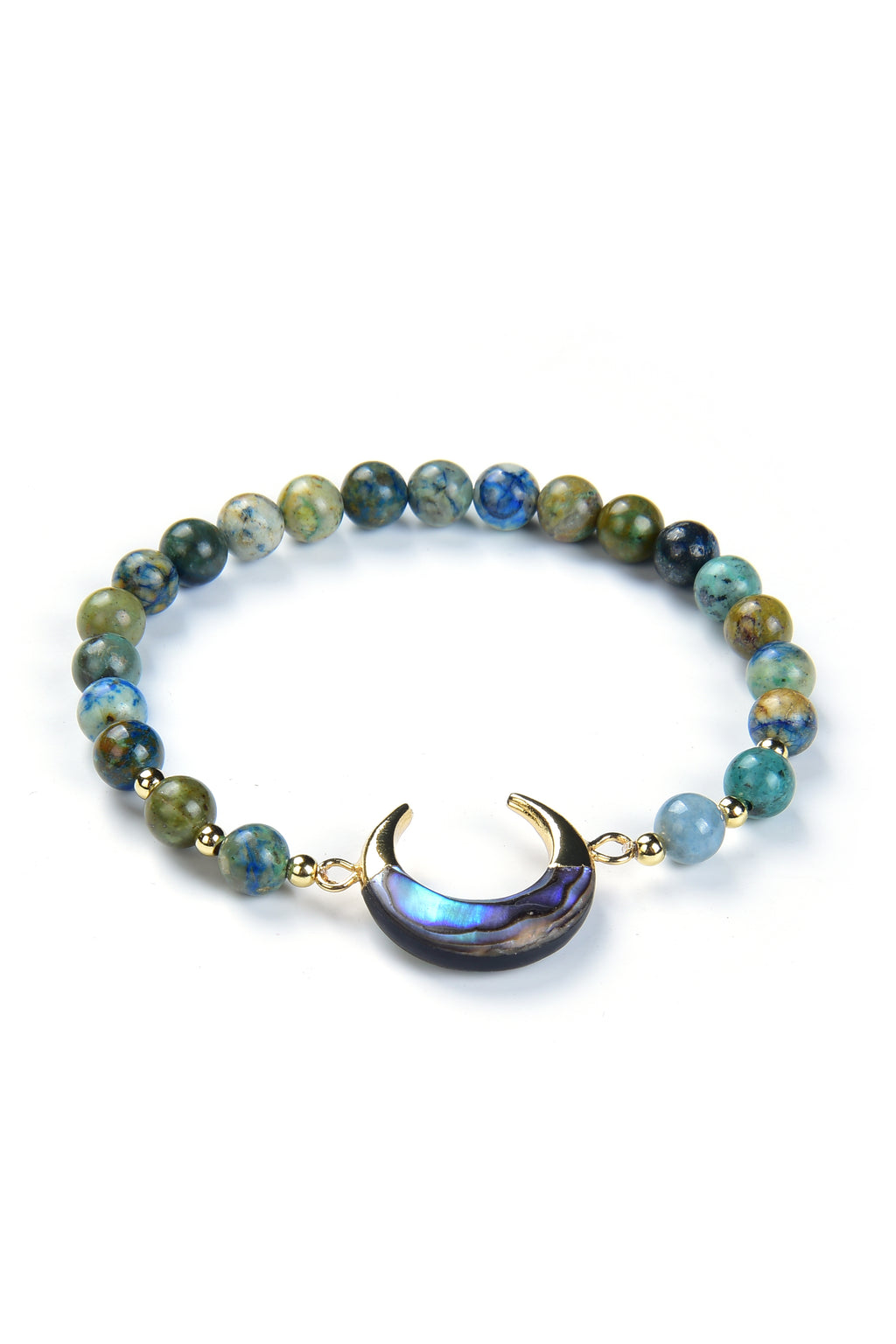 Crescent moon beaded bracelet with chrysocolla beads.