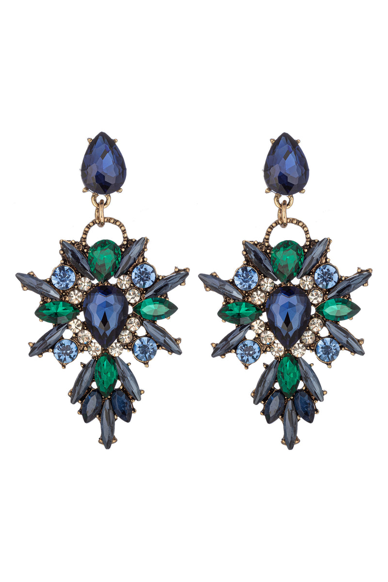 Gold alloy drop earrings studded with green and blue glass crystals.