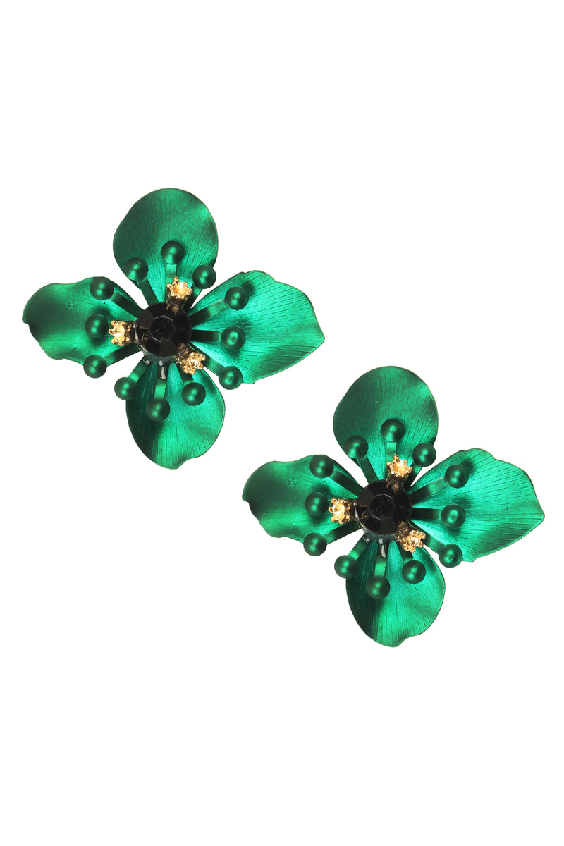 Green alloy flower earrings studded with glass crystals.