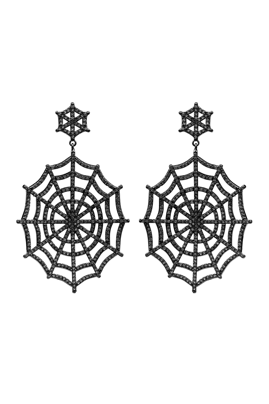 Black web statement earrings studded with CZ crystals.