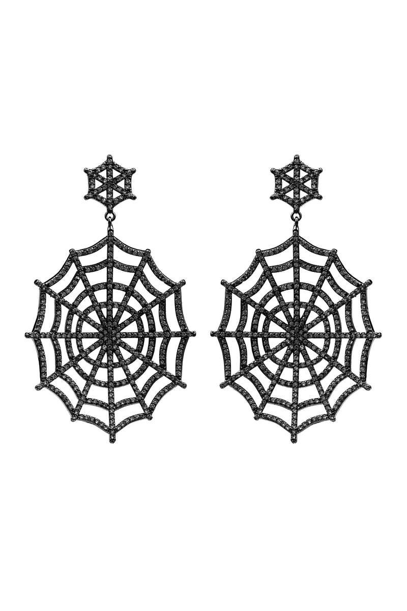 Black web statement earrings studded with CZ crystals.