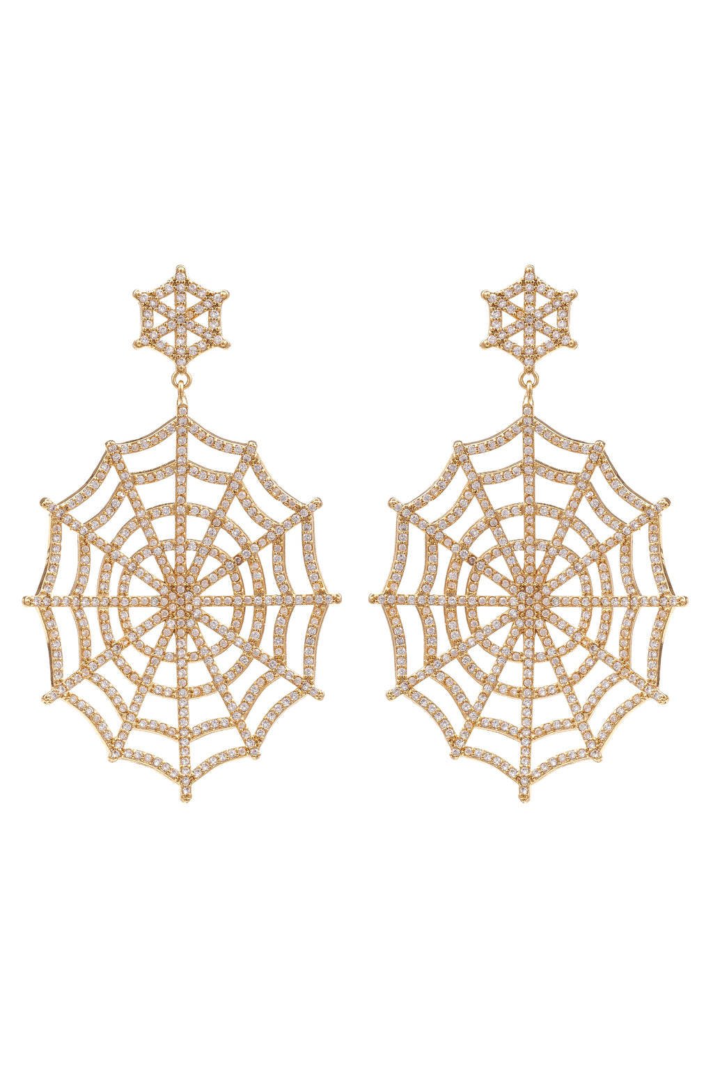 Spider web earrings studded with CZ crystals.