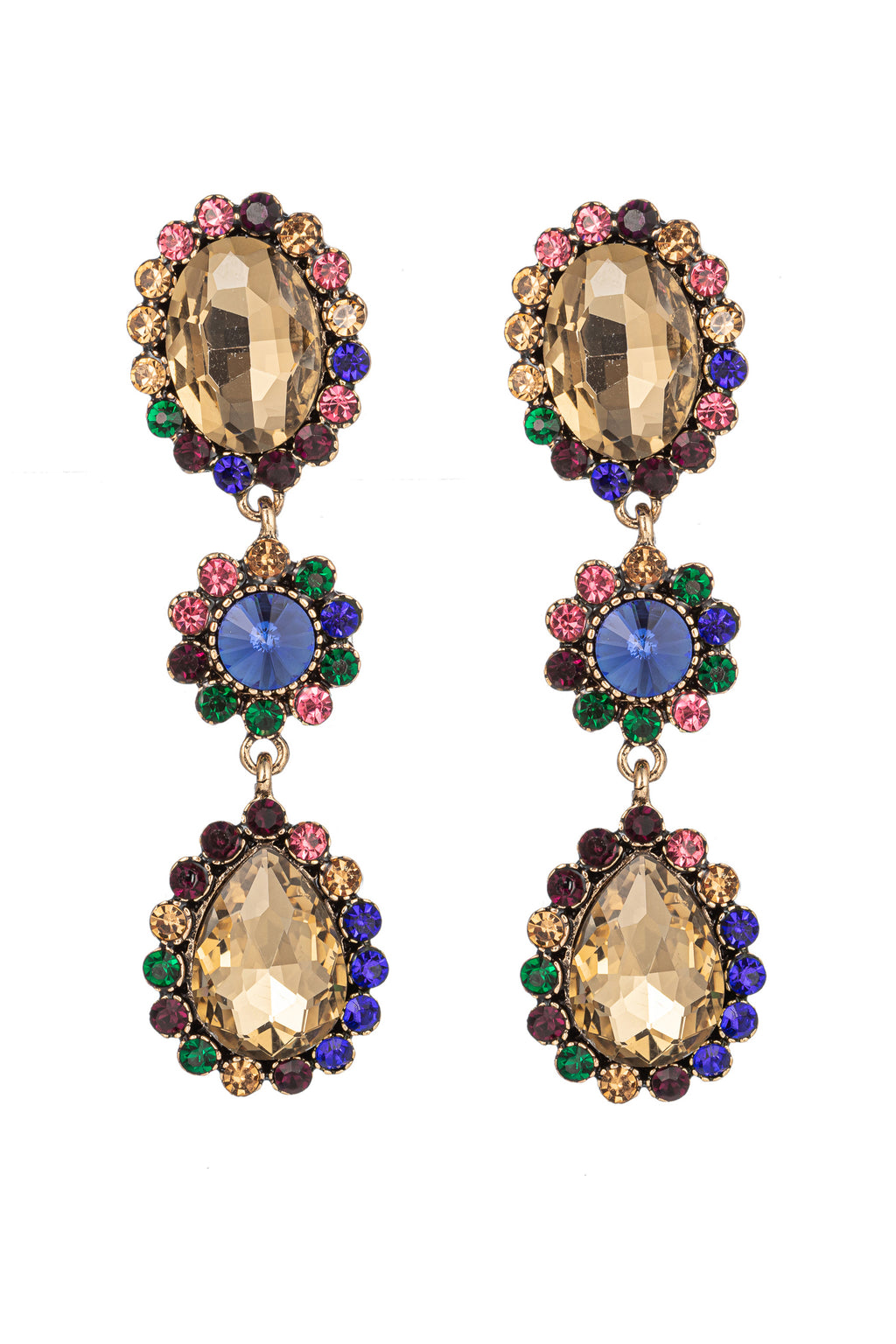 Gold tone alloy cascade statement earrings studded with glass crystals.