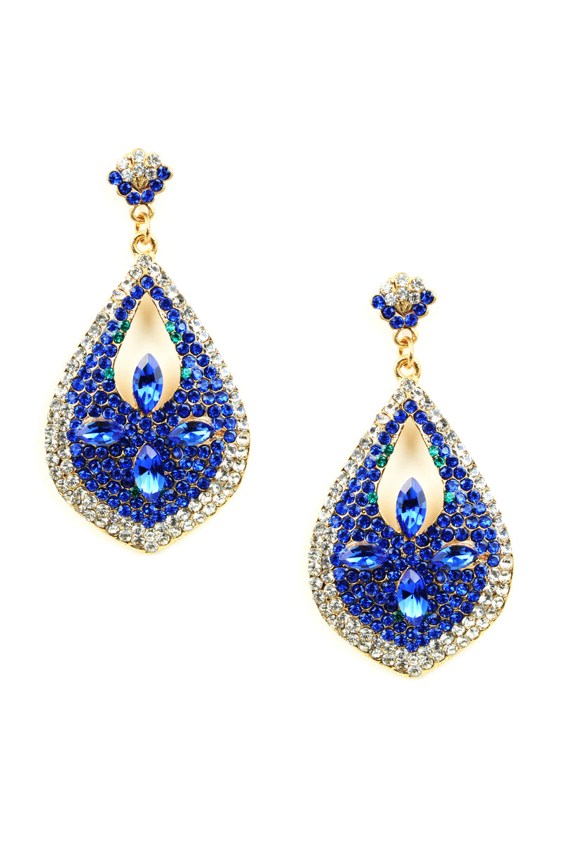Gold alloy drop earrings studded with blue glass crystals.