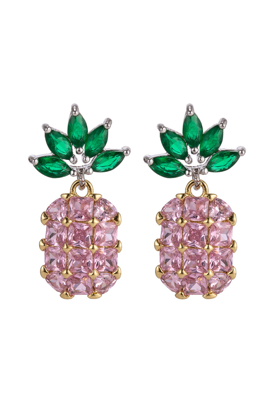 Pink pineapple stud earrings studded with CZ crystals.