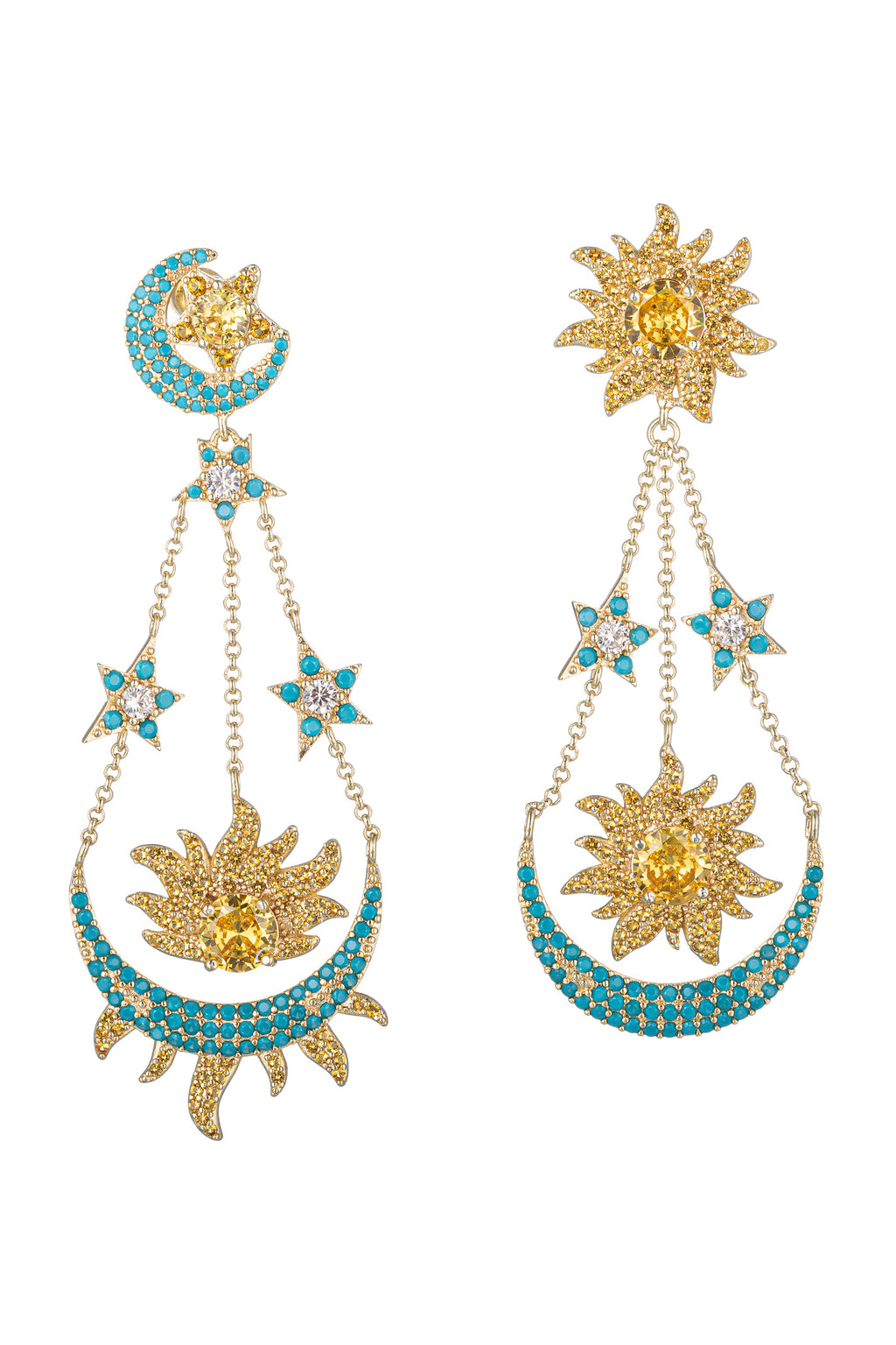 Gold tone brass sun and moon pendant drop earrings studded with blue CZ crystals.