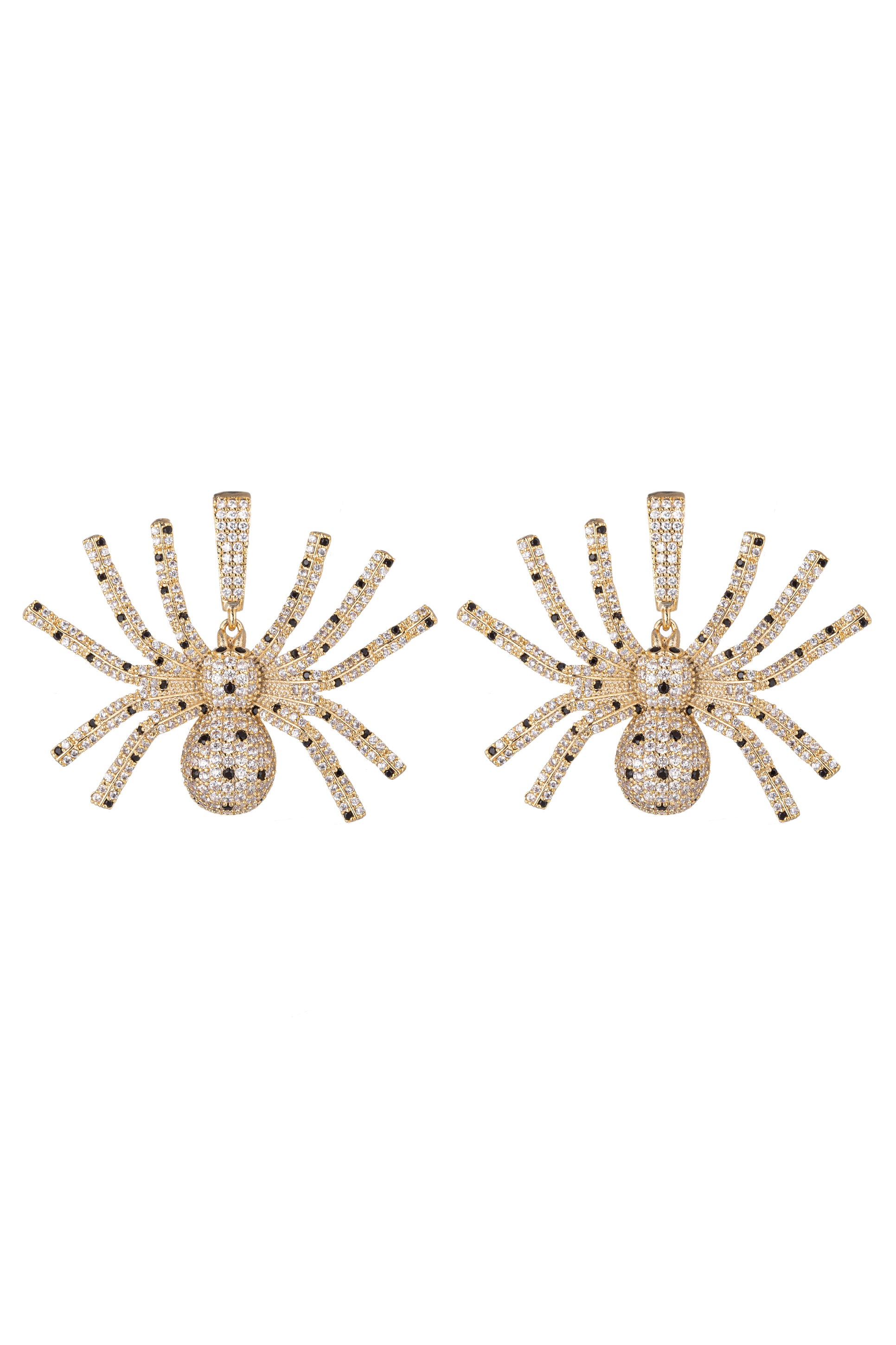 Gold tone brass spider pendant earrings studded with CZ crystals.