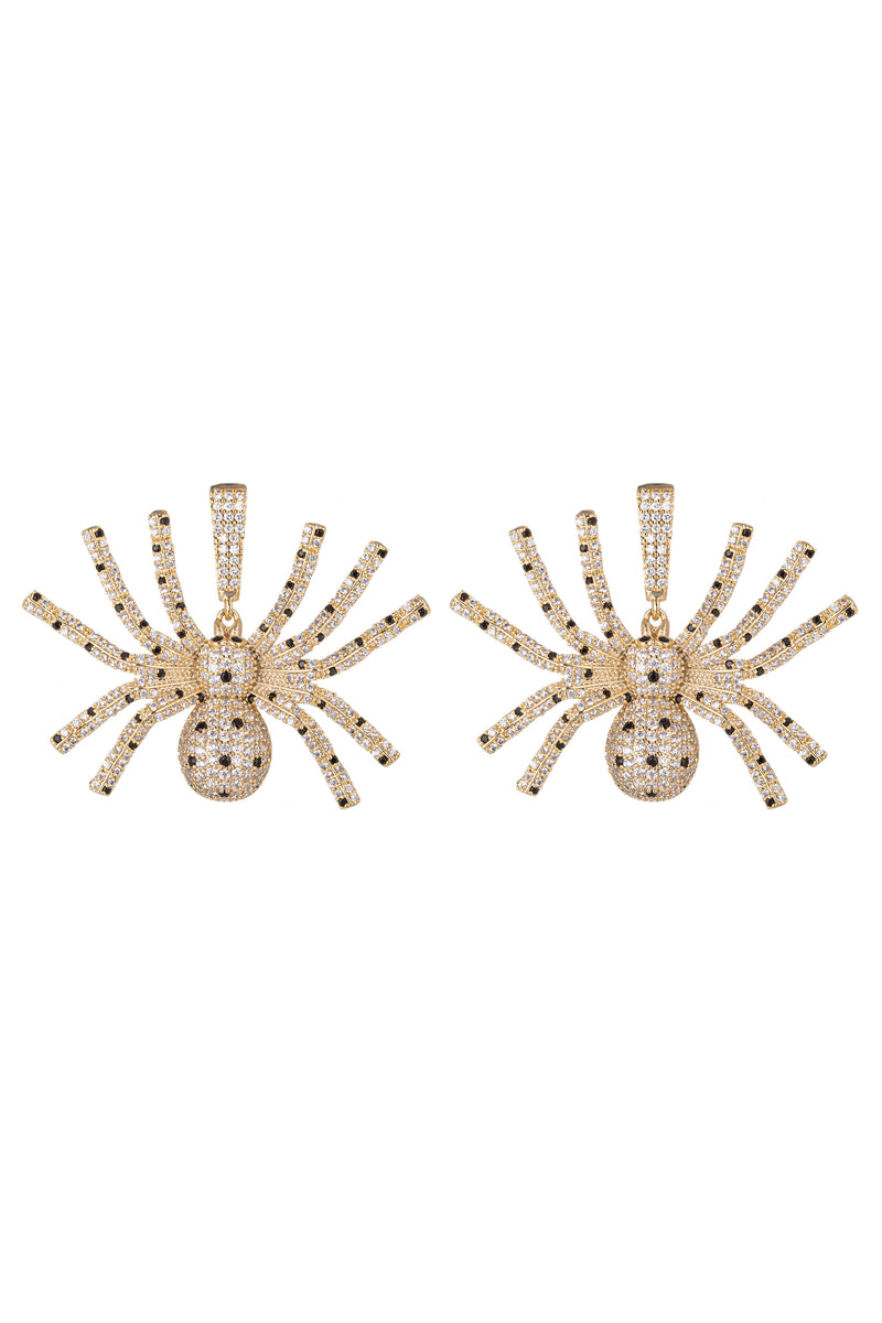Gold tone brass spider pendant earrings studded with CZ crystals.