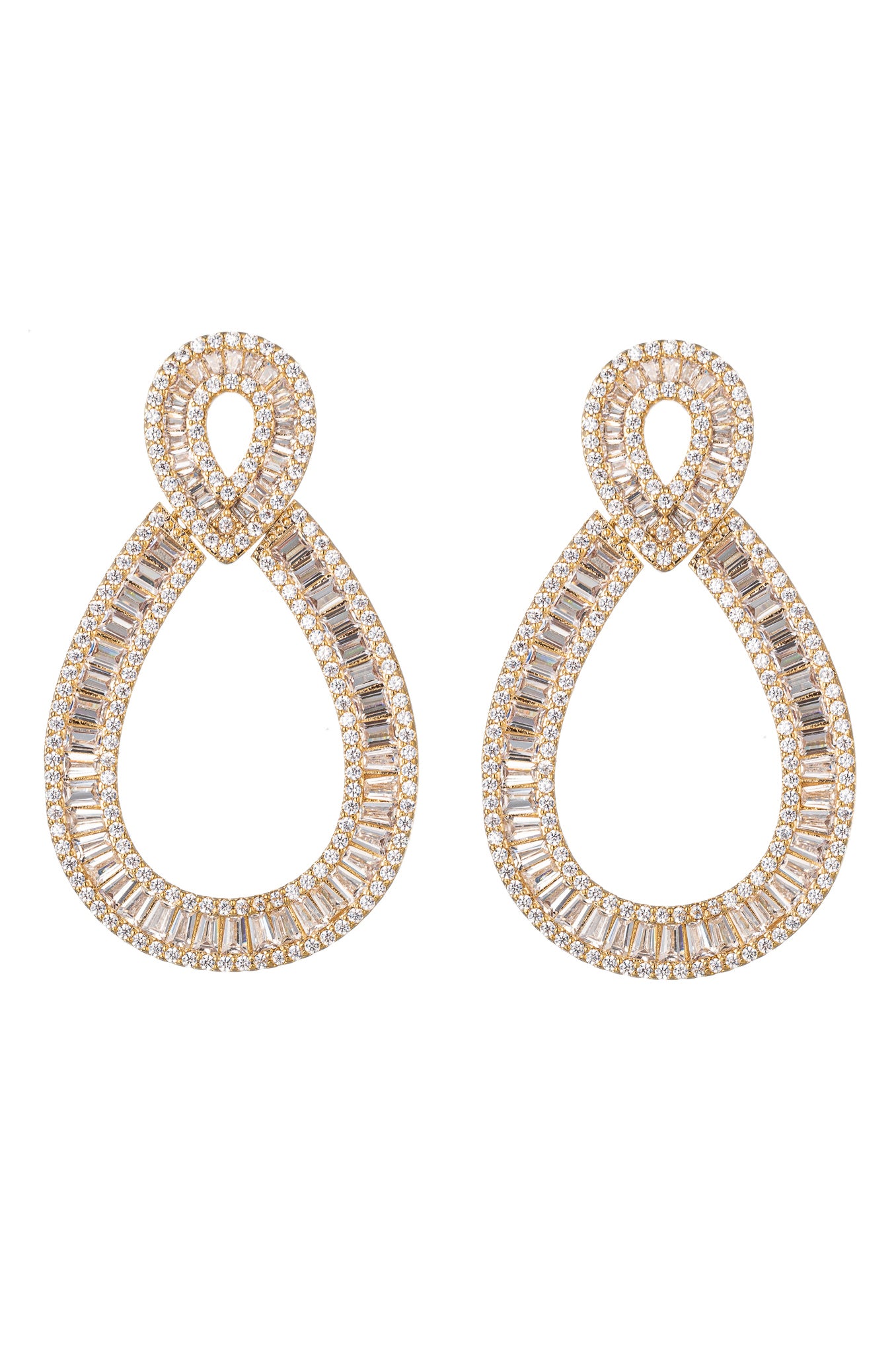 Gold tone brass wedding statement drop earrings studded with CZ crystals.