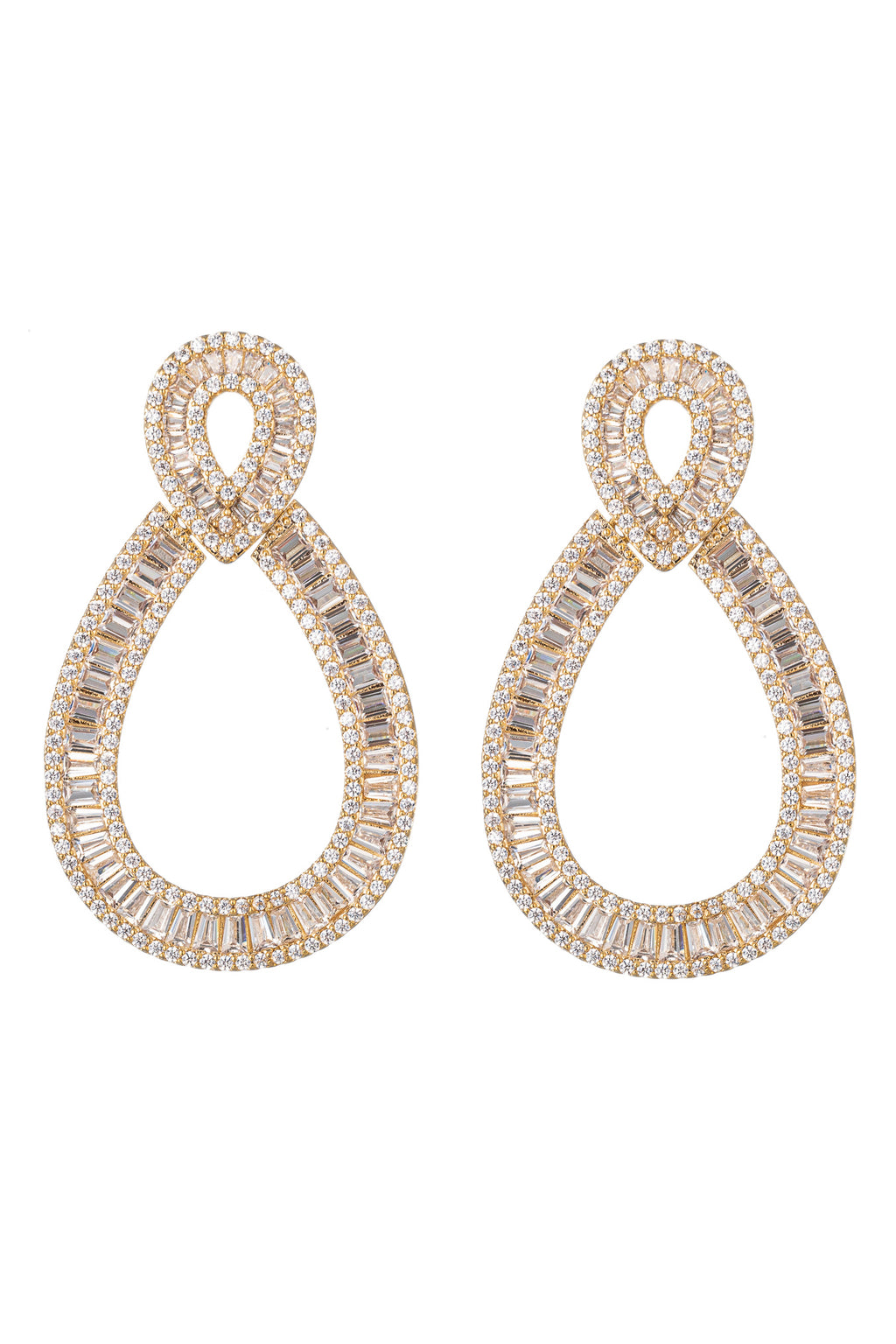 Gold tone brass wedding statement drop earrings studded with CZ crystals.