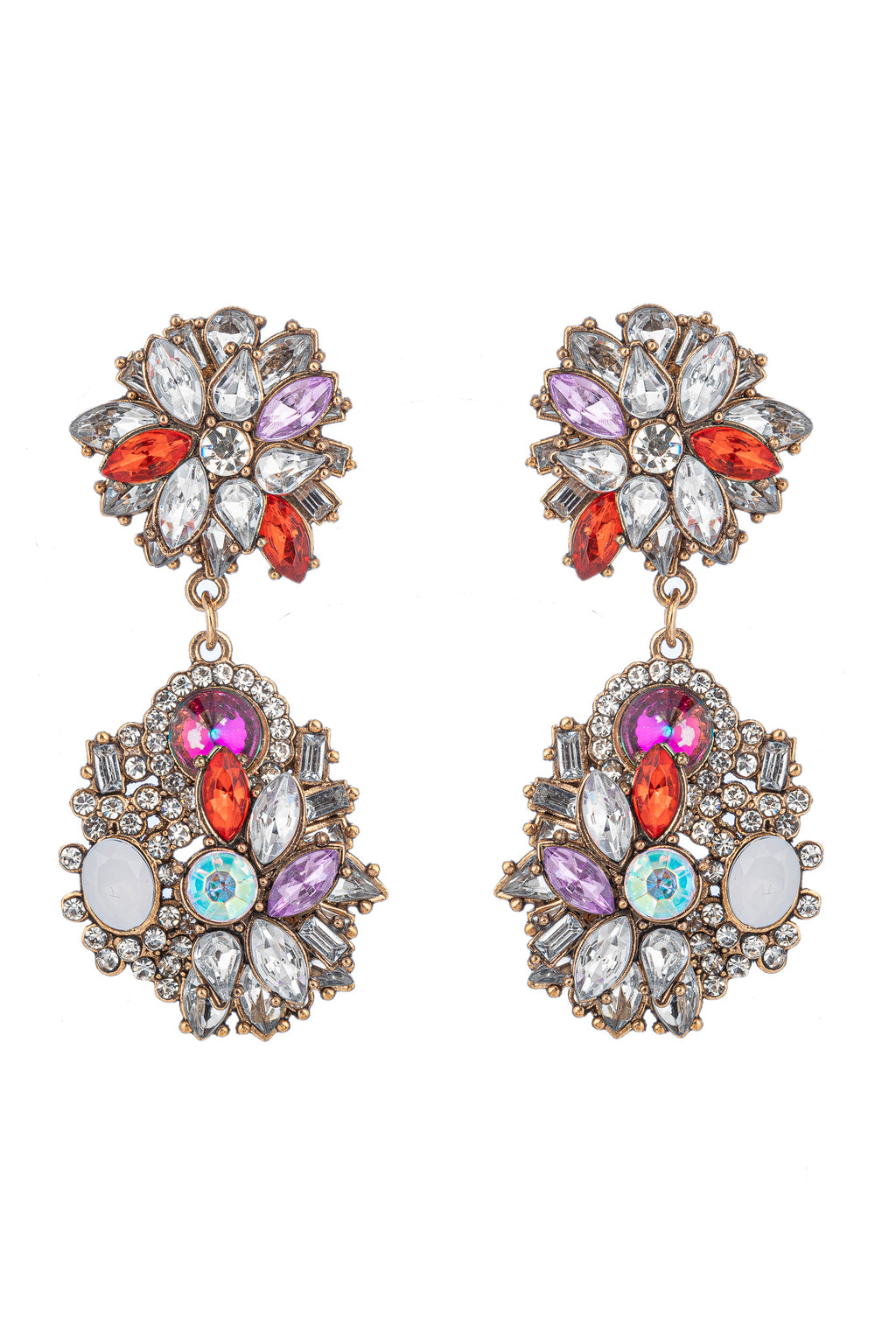 Rainbow alloy drop earrings studded with glass crystals.
