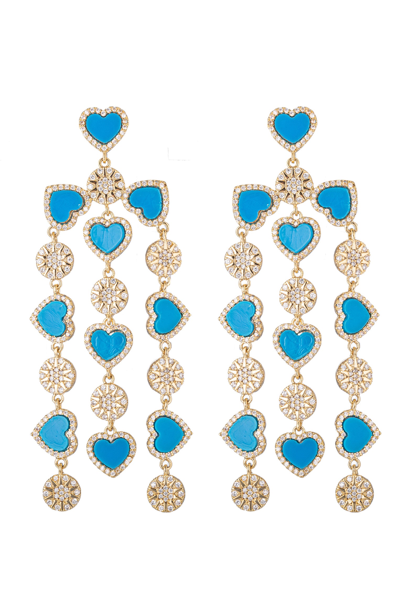 Gold tone brass blue heart pendant dangle earrings studded with CZ crystals.