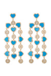 Gold tone brass blue heart pendant dangle earrings studded with CZ crystals.