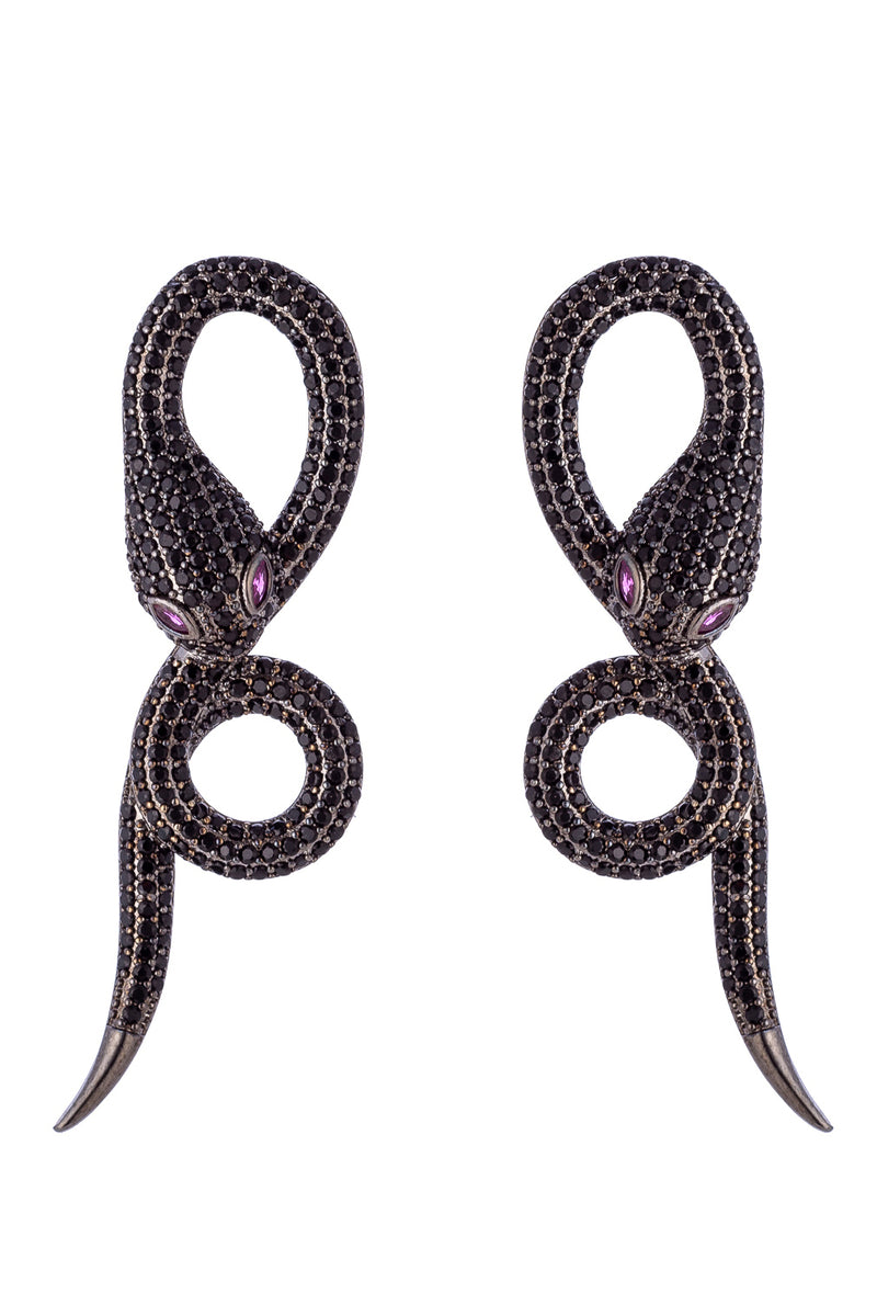 Black mamba dangle drop earrings studded with CZ crystals.