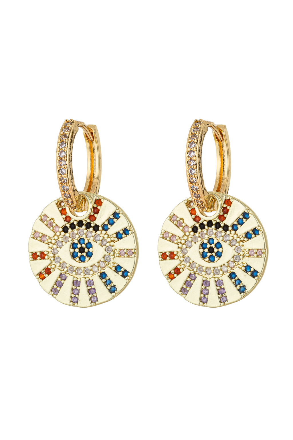 Rainbow eye pendant huggie earrings studded with CZ crystals.