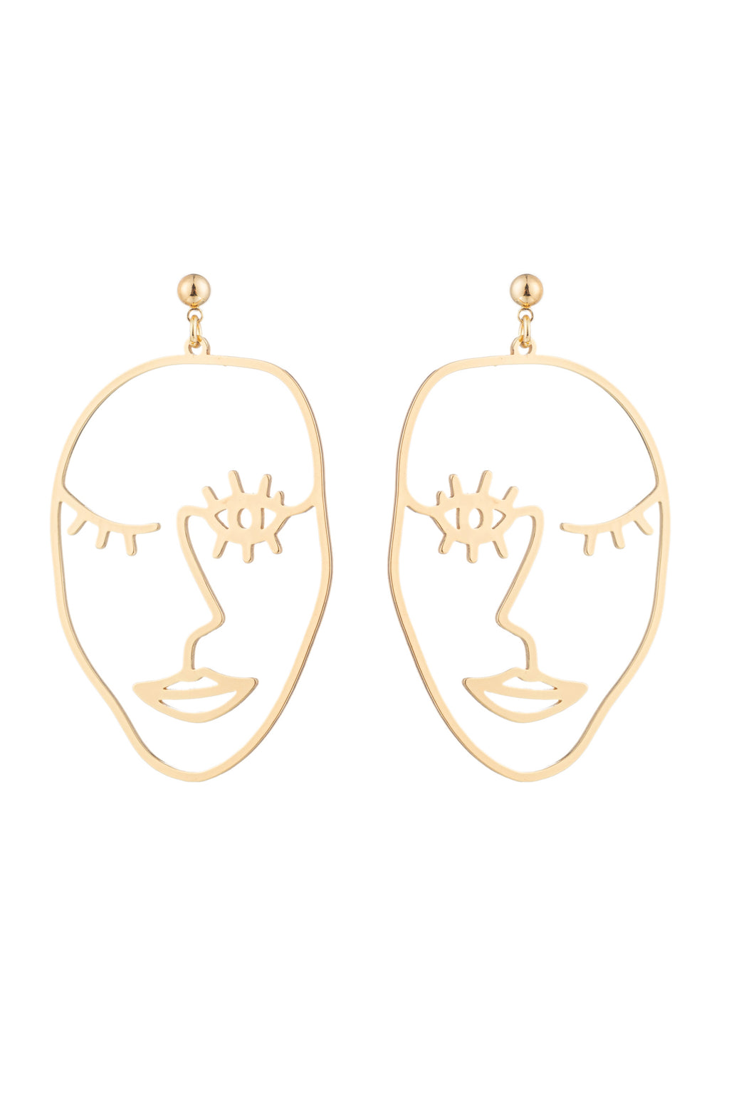 Gold brass face design drop earrings.