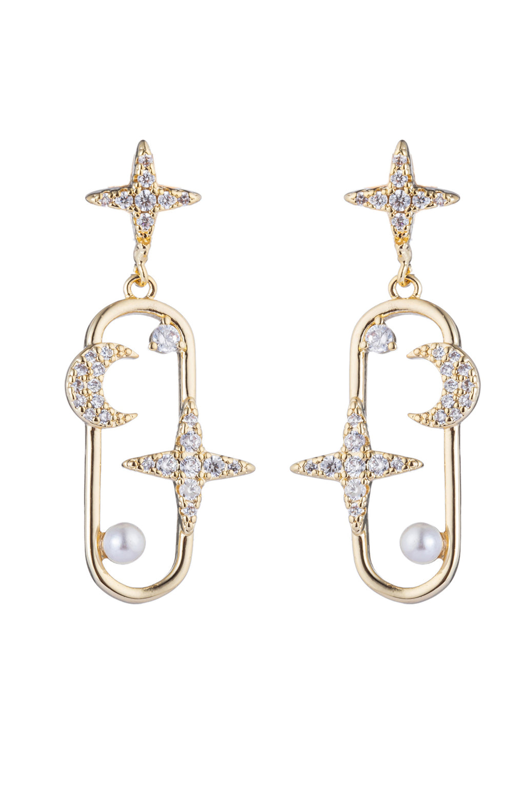 Star & moon paperclip drop earrings studded with CZ crystals.