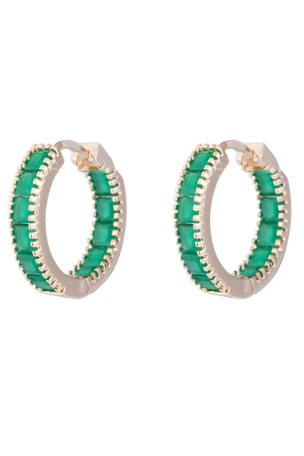 Pair of 0.5 inch gold huggie hoop earrings decorated with a row of small green cubic zirconia stones.