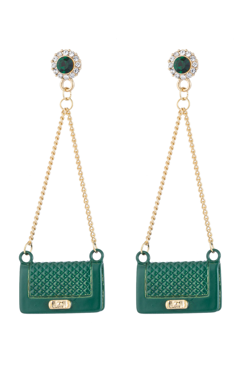 Green purse drop earrings studded with CZ crystals.