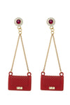 Red purse 18k gold plated dangle drop earrings studded with CZ crystals.
