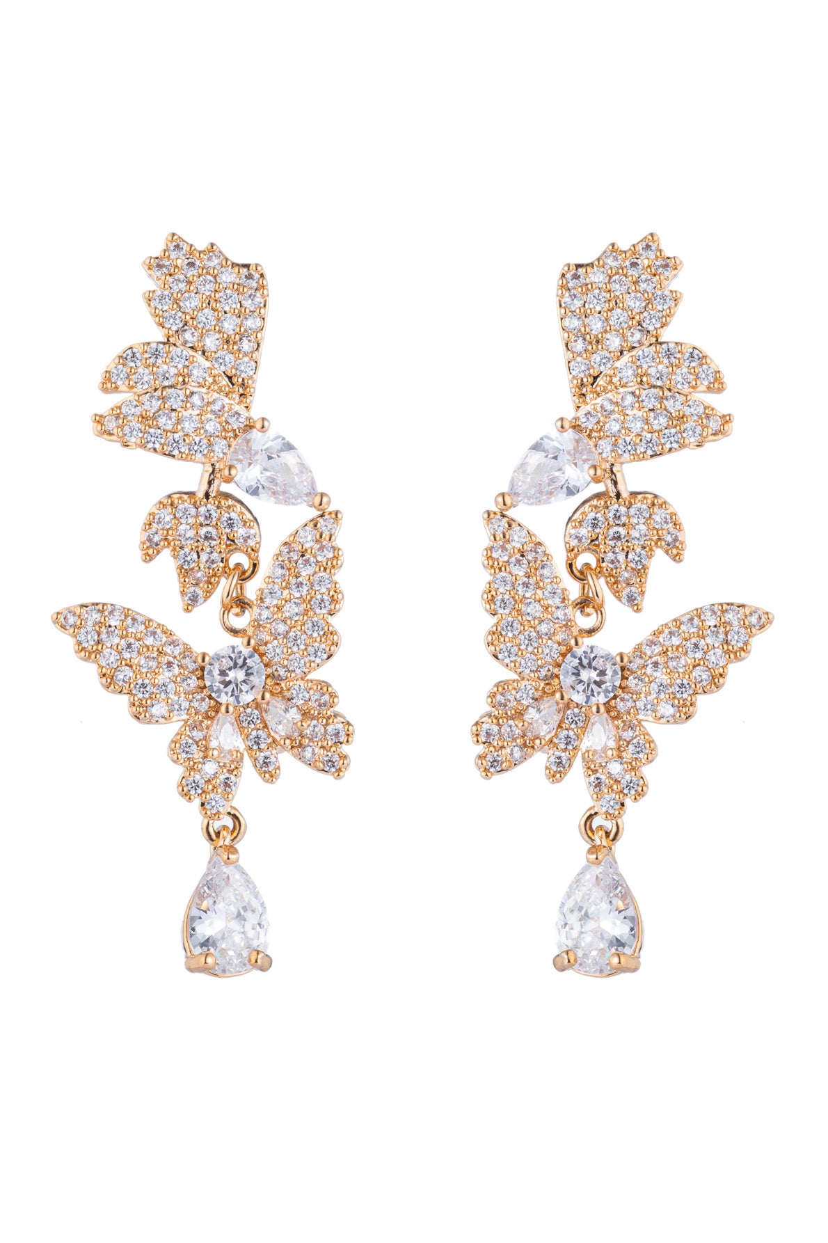 Butterfly drop earrings studded with CZ crystals.