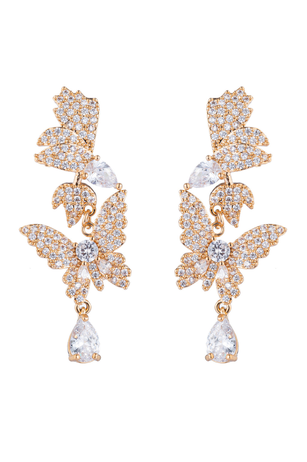 Butterfly drop earrings studded with CZ crystals.