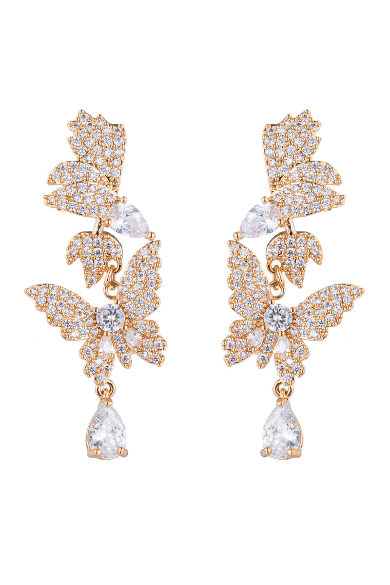 Butterfly drop earrings studded with CZ crystals.